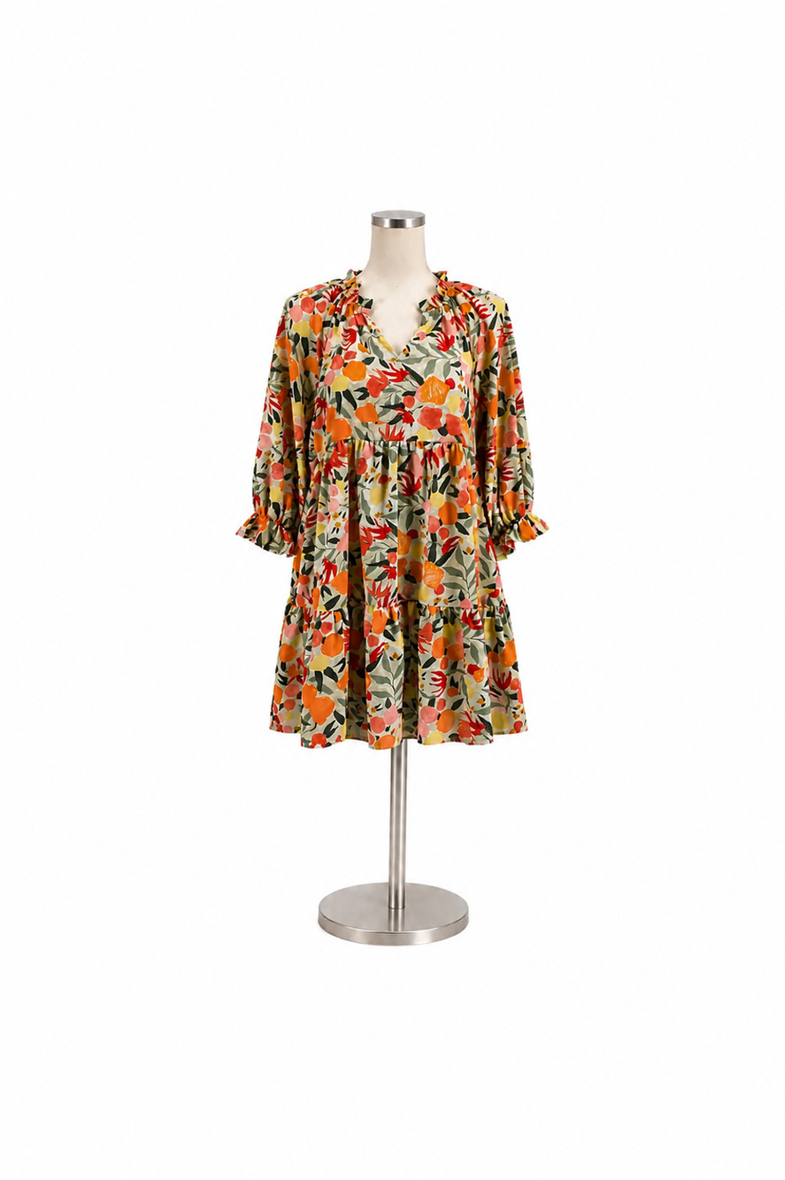 Entro Floral Ruffle V-Neck Tiered Babydoll Dress Size Small
